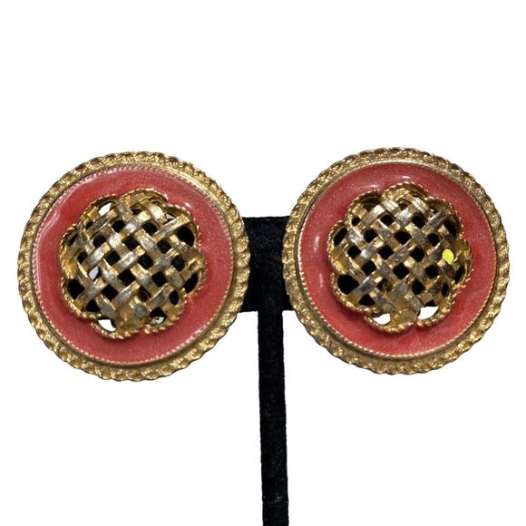Vintage Ernst Gideon Bek Enameled Braided & Coral Pink Lattice Earrings - Picture 4 of 9